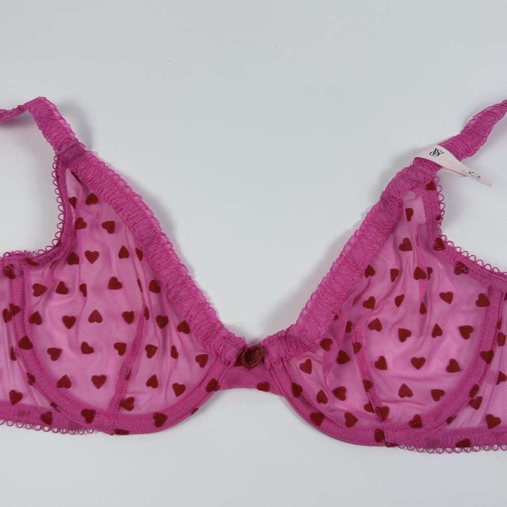 Victoria's Secret Tease Hearts Mesh Unlined Demi Bra Pink Red Hearts 32C NWT